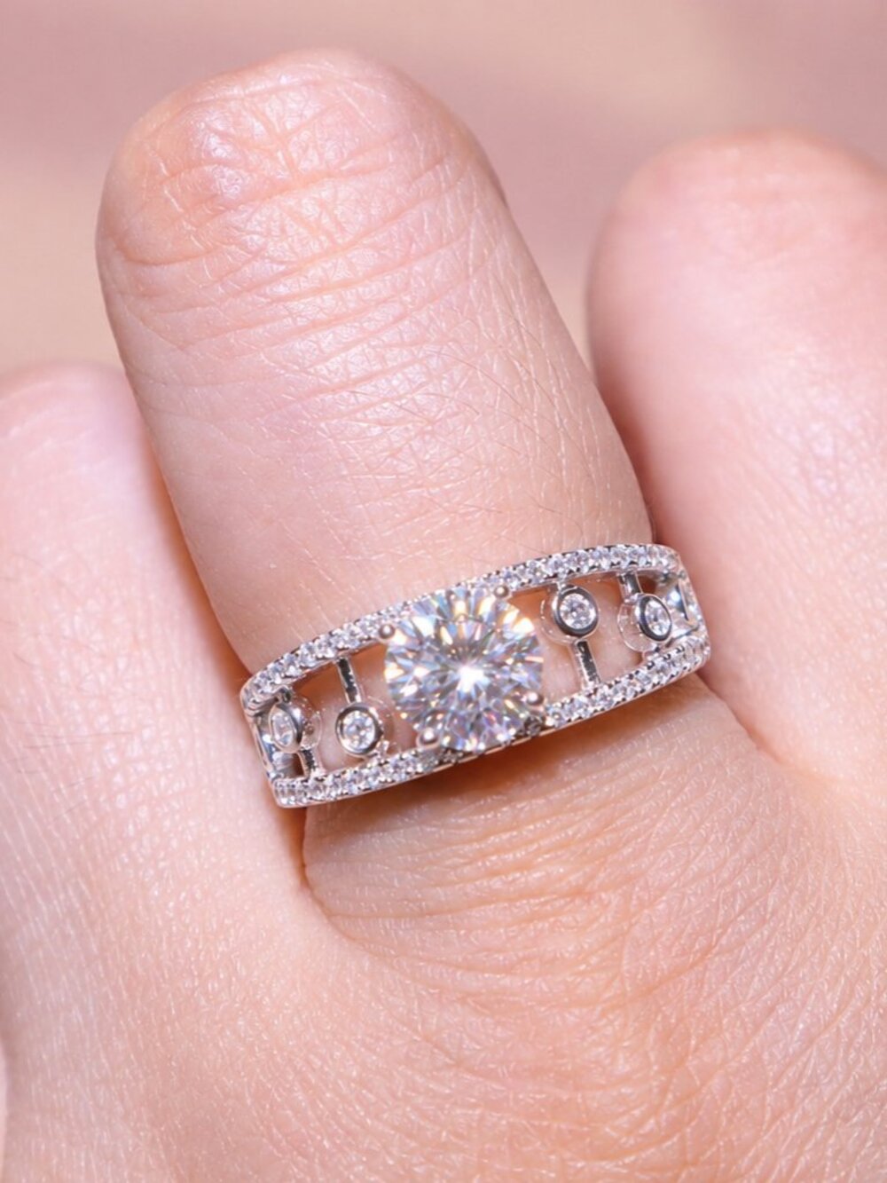 1CT Moissanite Openwork Ring 925 Sterling Silver 18K White Gold Plated Adjustabl